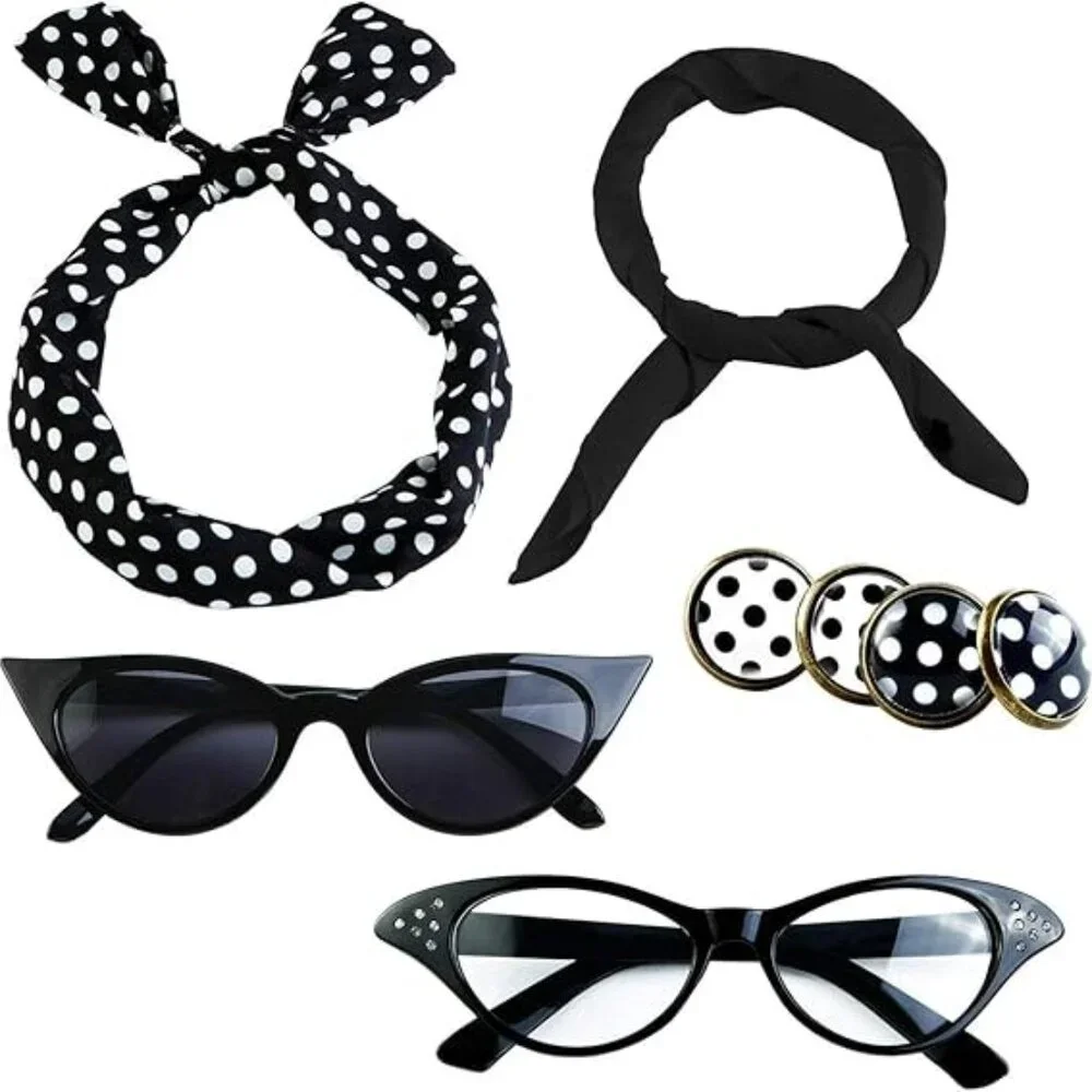 Dapper Day Accessories 6 Piece‎ Set 50's Look Cat Eye Glasses Blk and White